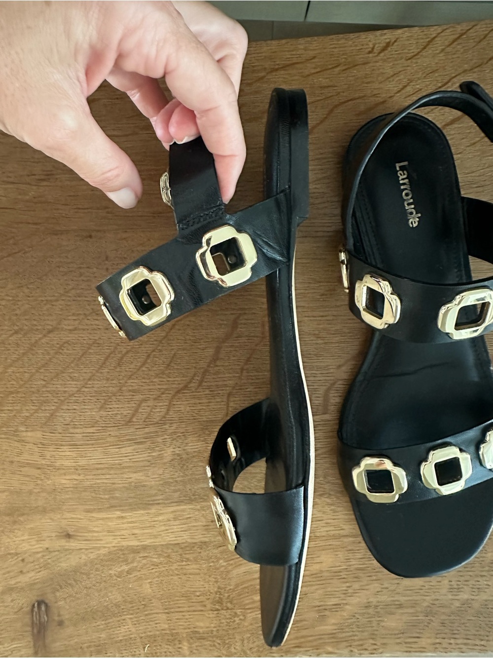 Larroude Milan Black Leather Sandal with Gold Accent, Size 8 - Picture 8 of 15